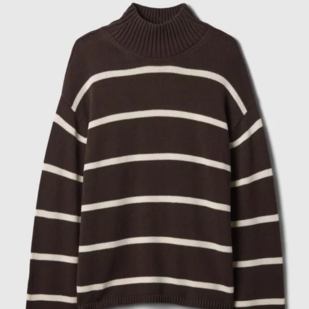 Gap 100% Cotton Oversized Split-Hem Mockneck Sweater Brown Ivory Medium